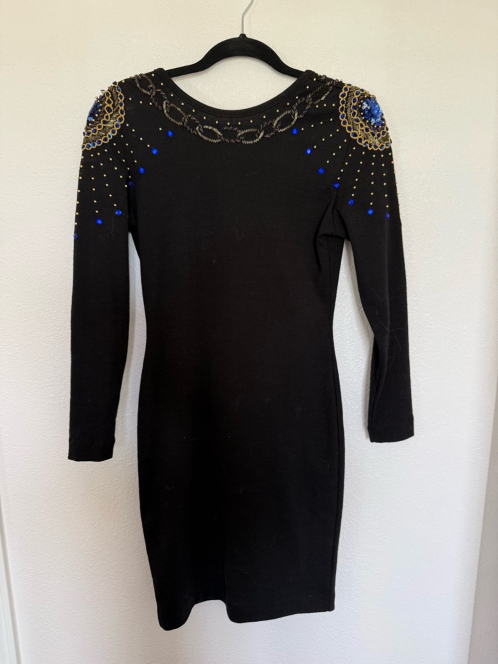 Vintage 80s Black Beaded Dress Open Back Glam Art Deco Cocktail Bodycon - Picture 5 of 10